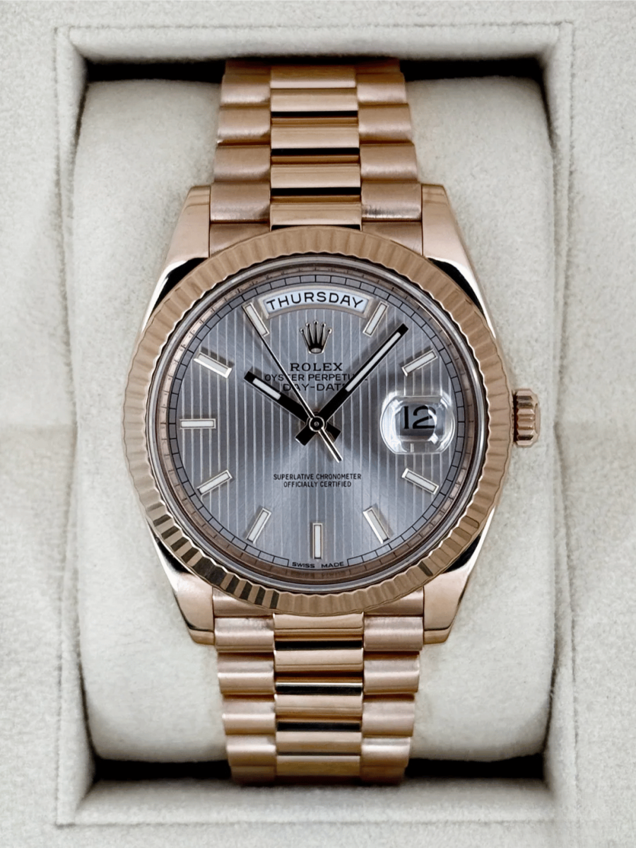 2018 Rolex Day-Date 40mm 228235 Presidential Rose Gold Sundust Stripe Motif Dial