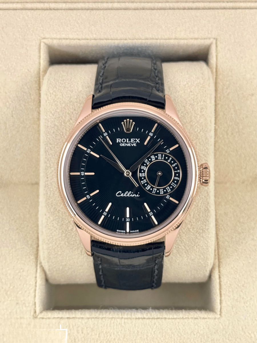 2014 Rolex Cellini Date 39mm 50515 Rose Gold Black Guilloche Dial