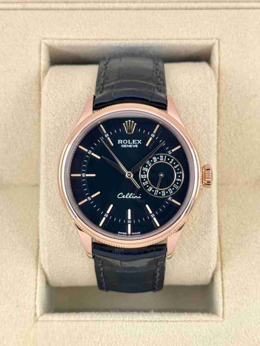 2014 Rolex Cellini Date 39mm 50515 Rose Gold Black Guilloche Dial