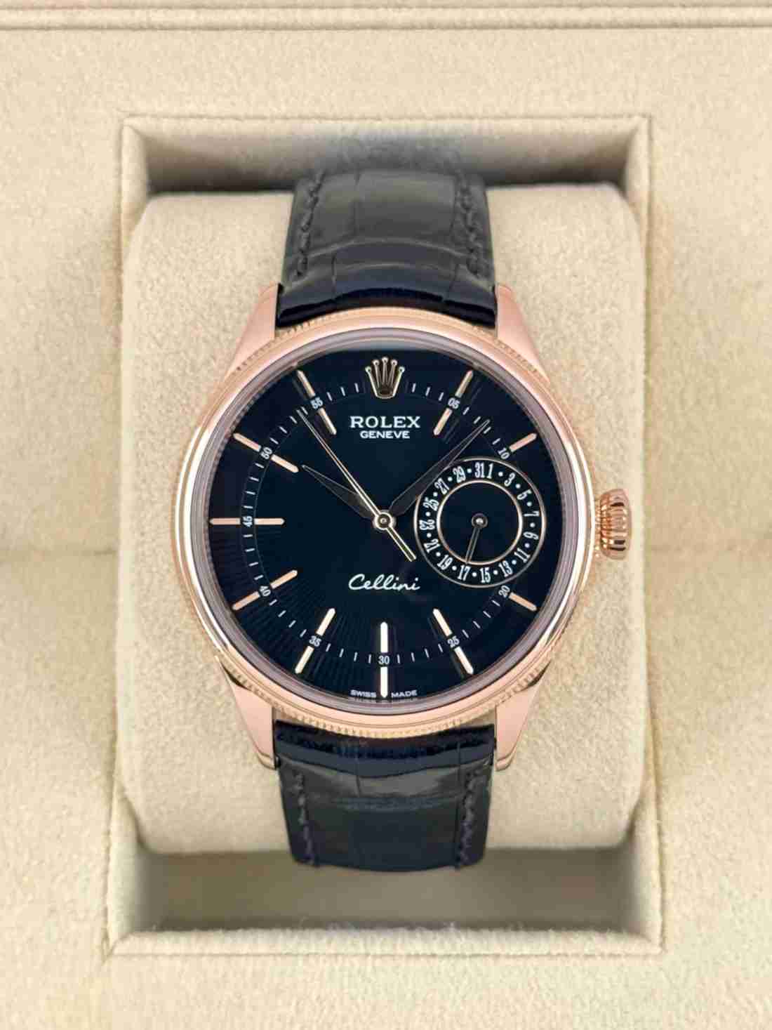 2014 Rolex Cellini Date 39mm 50515 Rose Gold Black Guilloche Dial