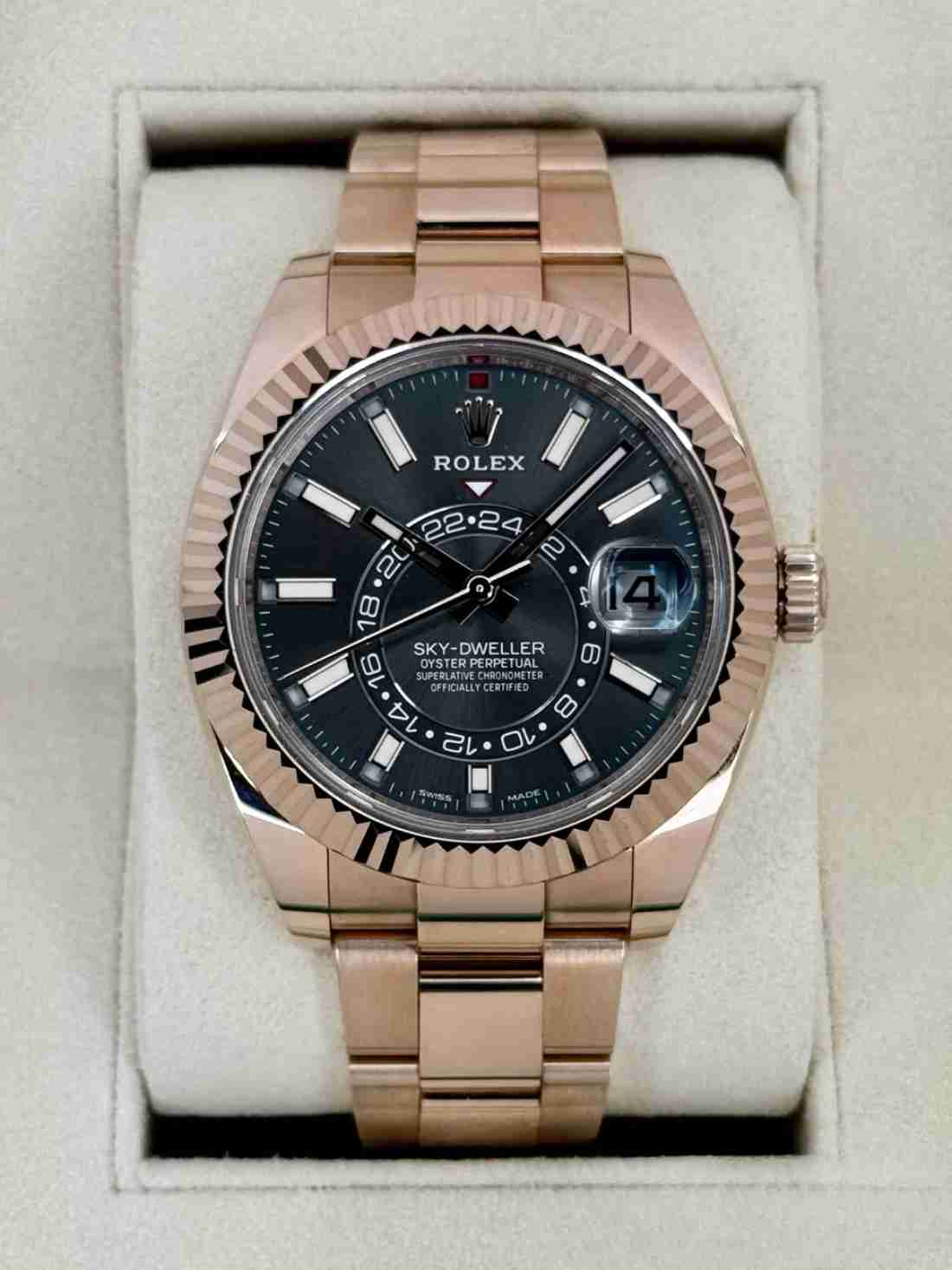 2023 Rolex Sky-Dweller 42mm 326935 Rose Gold Oyster Rhodium Dial