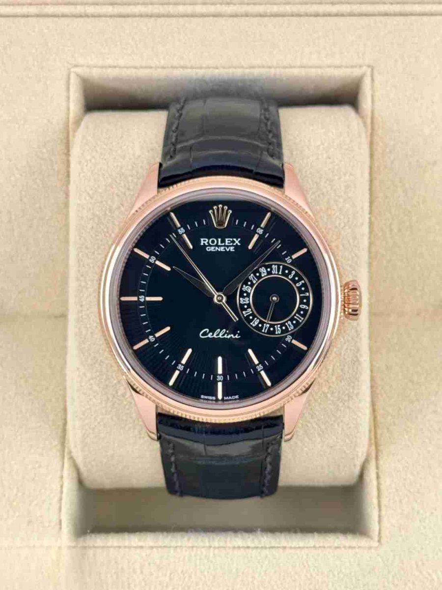 2014 Rolex Cellini Date 39mm 50515 Rose Gold Black Guilloche Dial
