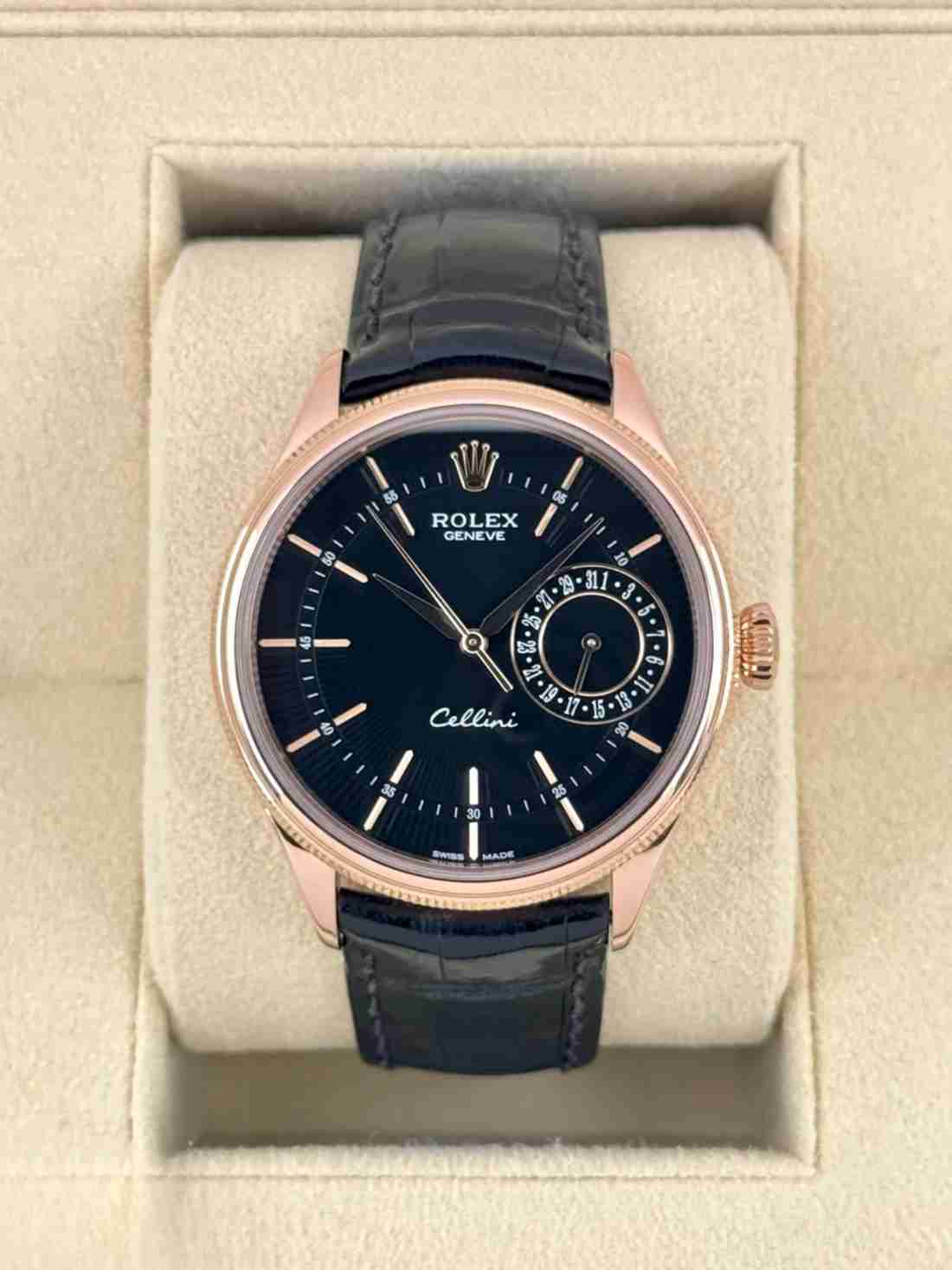 2014 Rolex Cellini Date 39mm 50515 Rose Gold Black Guilloche Dial